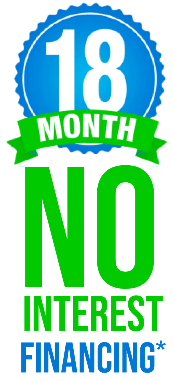 Bright badge with 18 month no interest financing in bold green and blue text on transparent background