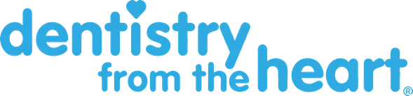 Dentistry from the Heart logo with blue text and heart icon, symbolizing compassionate dental care.