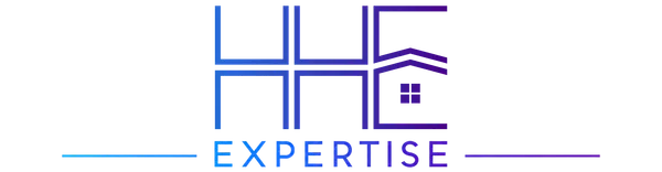 HHE Expertise logo with stylized house icon and gradient blue to purple text and lines on black background
