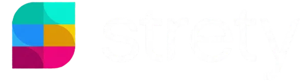 Strety logo with colorful geometric shapes forming an S next to white lowercase text on black background