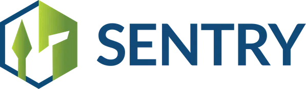 Sentry logo featuring a blue and green shield with a spear tip beside bold blue text SENTRY.
