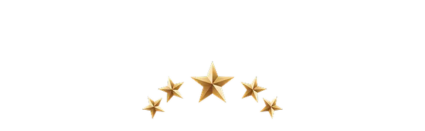 Five gold stars arranged in an arch on a black background symbolizing quality or rating.