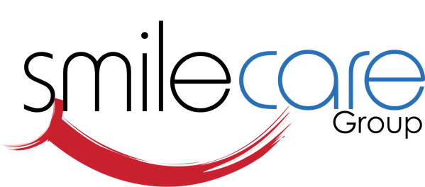 Smile Care logo featuring stylized red smile graphic and blue text on transparent background