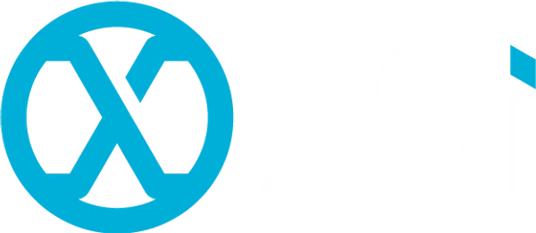 Blue circular logo with a stylized X inside next to white text on a black background