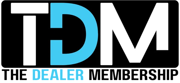 TDM Dealer logo with large white T and M, blue stylized D, and blue text Dealer below on black background