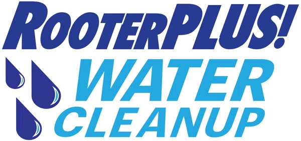 RooterPLUS! Water Cleanup logo with blue water drops for water damage restoration services