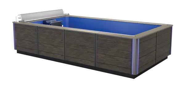 Rectangular swim spa with blue interior, dark wood panel exterior, and built-in water filtration system.