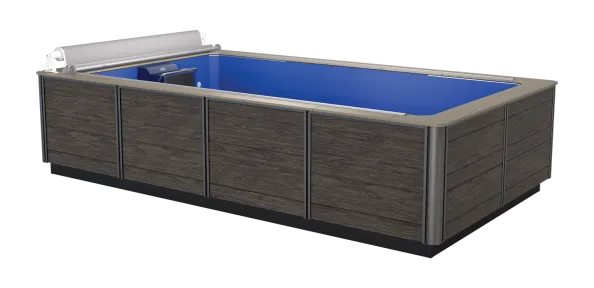 Rectangular above ground pool with blue interior and dark wood textured outer panels.