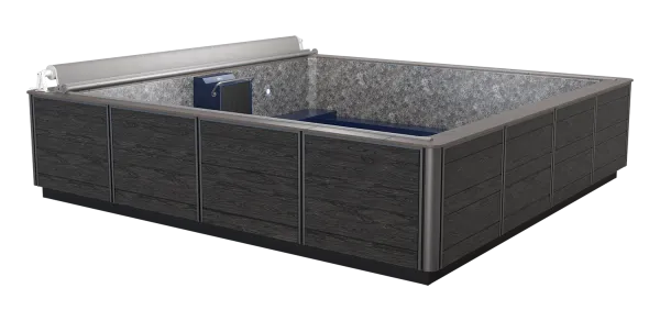 Modern rectangular swim spa with dark wood exterior panels and built-in cover roller system