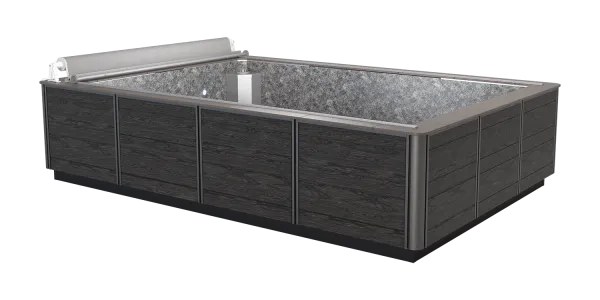 Rectangular modern hot tub with gray textured interior and dark wood panel exterior isolated on white background