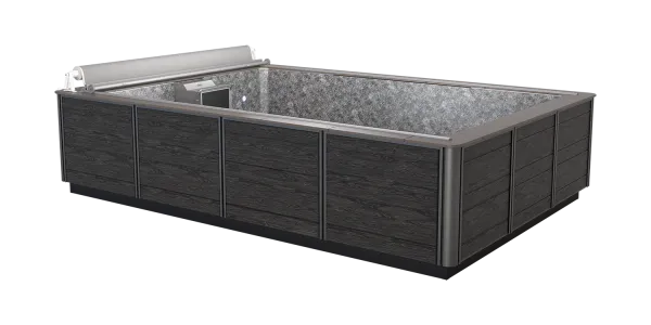 Modern rectangular above-ground pool with dark wood panels and built-in pool cover system