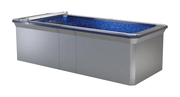 Modern stainless steel swimming pool with blue mosaic interior and sleek rectangular design.