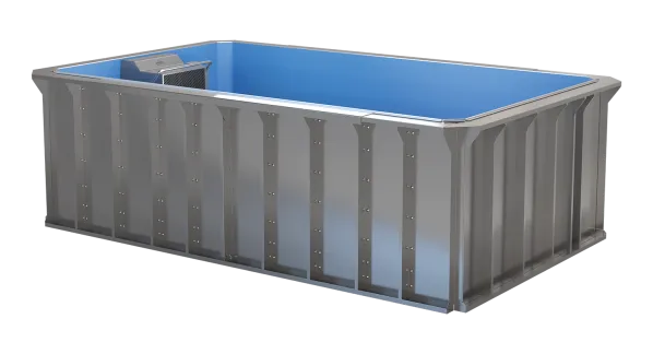 Rectangular above-ground steel pool with blue interior and metal frame isolated on white background