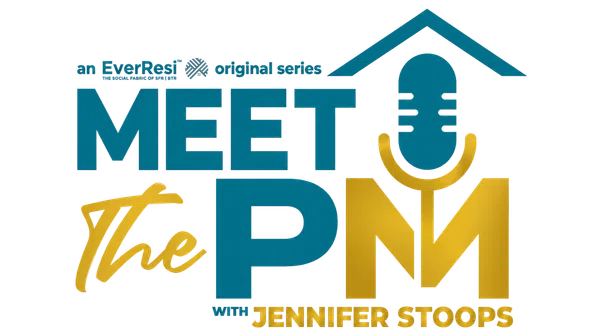 Meet the PM podcast logo with a microphone icon and text featuring Jennifer Stoops in blue and gold colors.