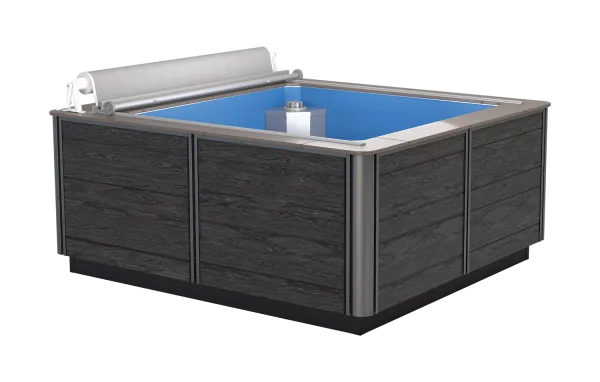 Modern above-ground square hot tub with dark wood paneling and blue interior, featuring a rolled-up cover.