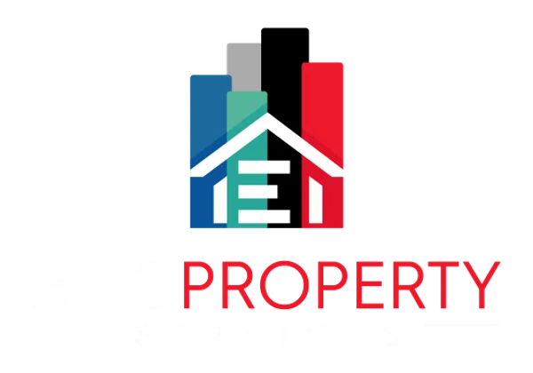 Logo representing Epic Property Services with colorful building shapes and a white roof on transparent background.