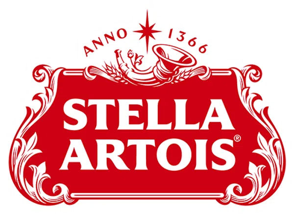 Stella Artois logo in red with white ornate detailing and the text Anno 1366 above the brand name.