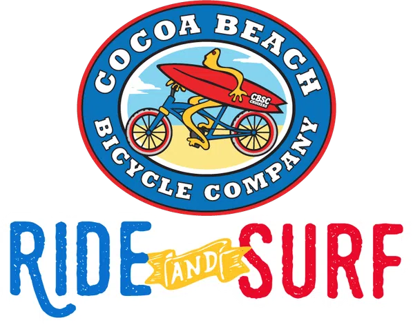 Cocoa Beach Bicycle Company logo with a frog riding a bike holding a surfboard and Ride and Surf text below.