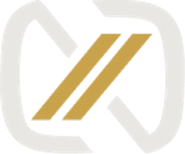 Modern logo with white angular brackets surrounding two parallel gold slashes on a transparent background.