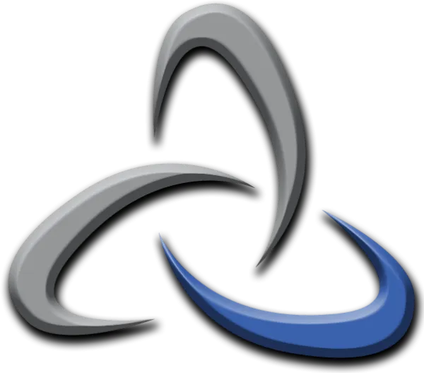 Abstract triangular swirl design with two gray curved shapes and one blue curved shape on black background