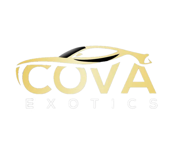 COVA Exotics logo featuring a sleek gold sports car silhouette over bold gold and white text on black background.