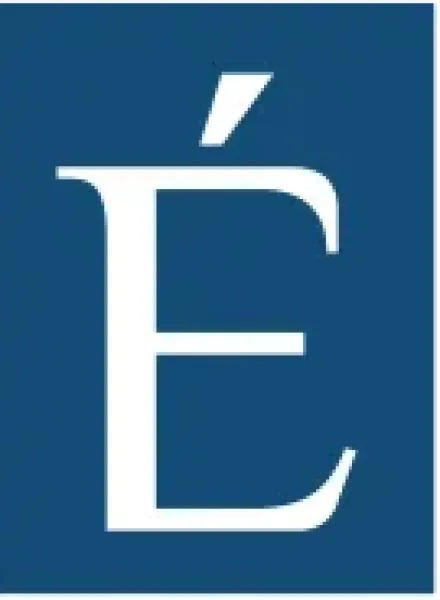 White letter E with accent on top on a blue square background.