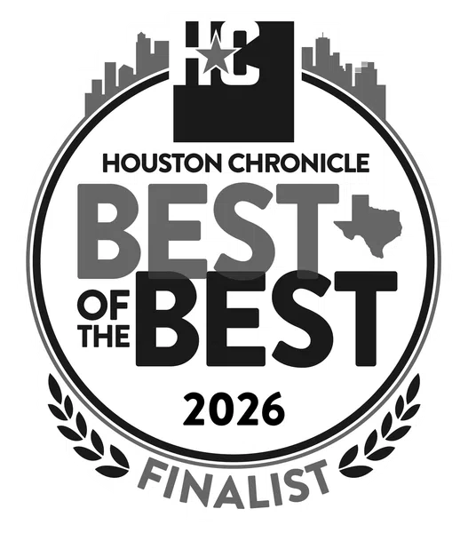 Houston Chronicle Best of the Best 2026 finalist badge with city skyline and Texas map.