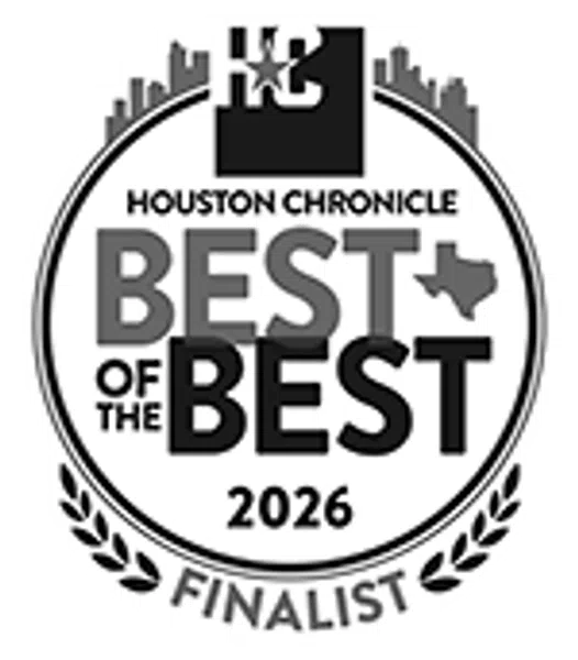 Houston Chronicle Best of the Best 2026 finalist badge with city skyline and Texas map.