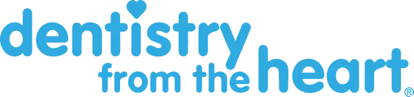 Dentistry from the Heart logo with blue text and heart icon, symbolizing compassionate dental care.