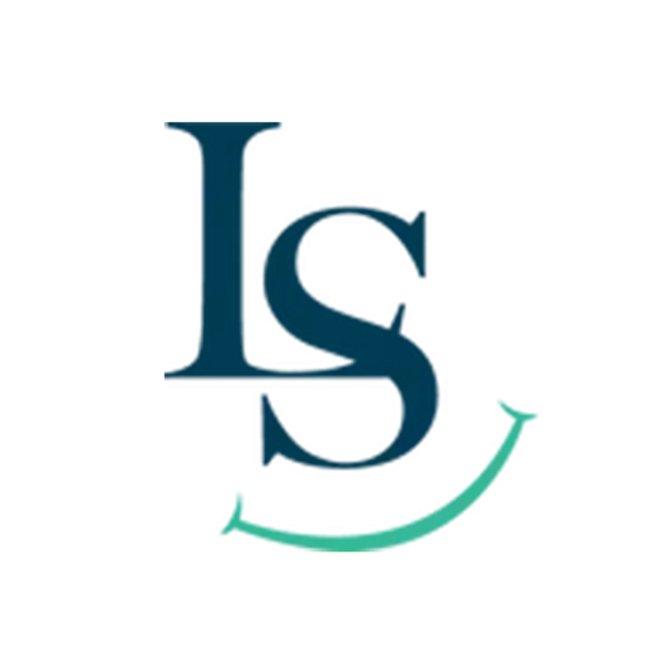 Logo with overlapping blue letters L and S and a curved teal arrow beneath on white background