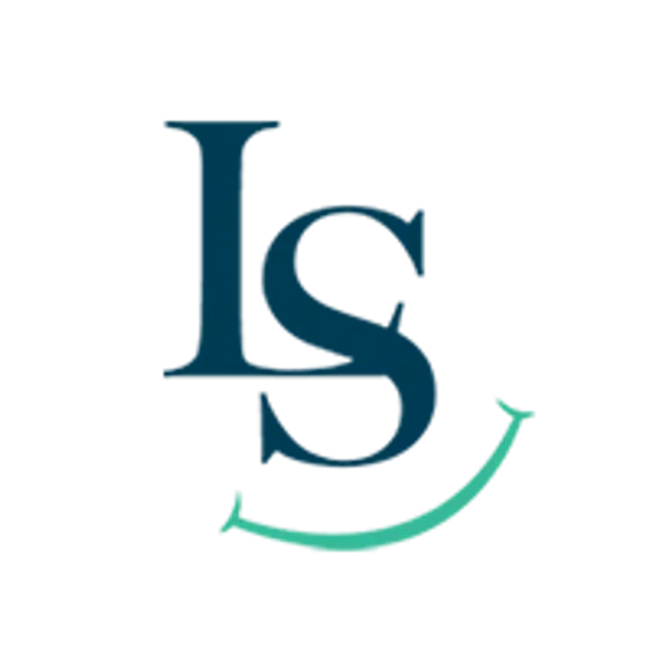 Logo featuring dark blue letters 'L' and 'S' with a curved teal arrow below them.
