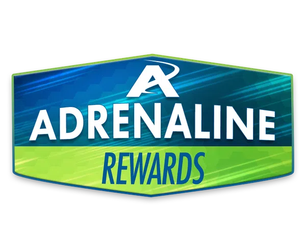 Adrenaline Rewards logo with white and blue text on a blue and green hexagonal background