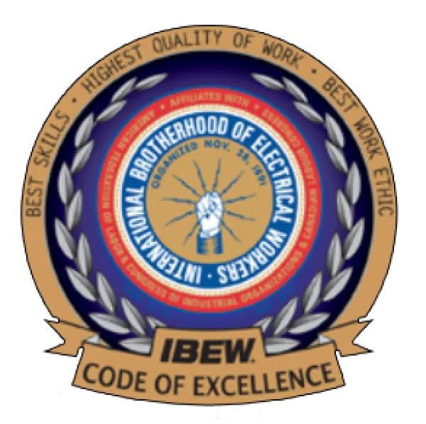 Logo of IBEW Code of Excellence with a clenched fist, laurel wreath, and quality work slogans