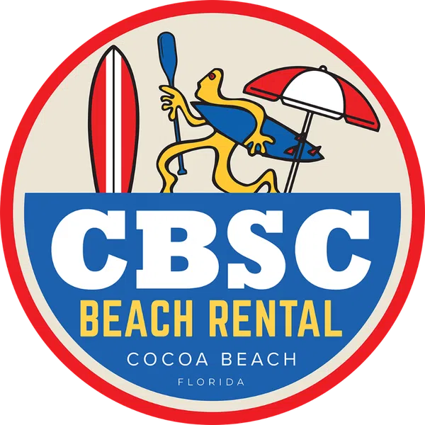 CBSC Beach Rental logo with surfer figure, paddle, surfboard, and umbrella in red, blue, and yellow.
