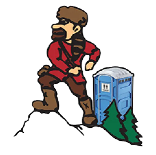 A cartoon lumberjack beside a blue portable toilet amidst mountains and trees.