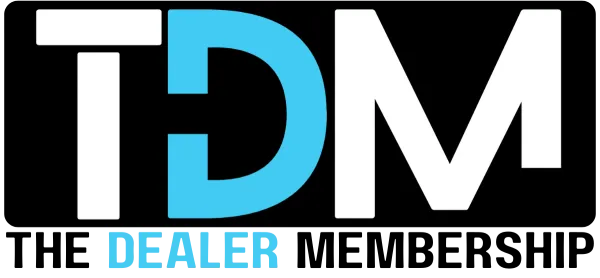 TDM Dealer logo with large white T and M, blue stylized D, and blue text Dealer below on black background