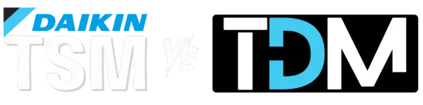 Comparison logo image featuring Daikin TSM versus TDM with blue and white text on black background