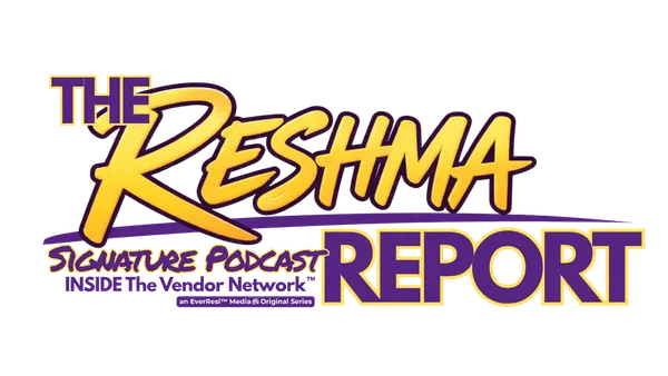 Logo for The Reshma Report Signature Podcast inside The Vendor Network with bold yellow and purple text.