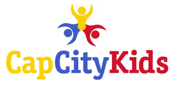 CapCityKids logo with yellow, blue, and red figures celebrating above colorful text on a white background