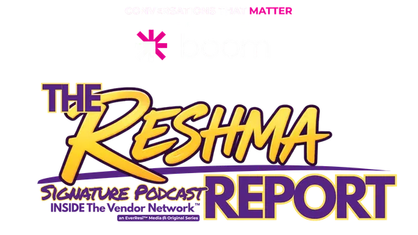 Logo for The Reshma Report podcast powered by boom, with bold purple and gold text highlighting the show title.