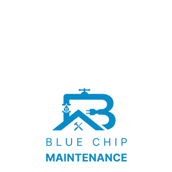 Blue Chip Maintenance logo with house roof, water pipe, plug, and tools in blue on a black background