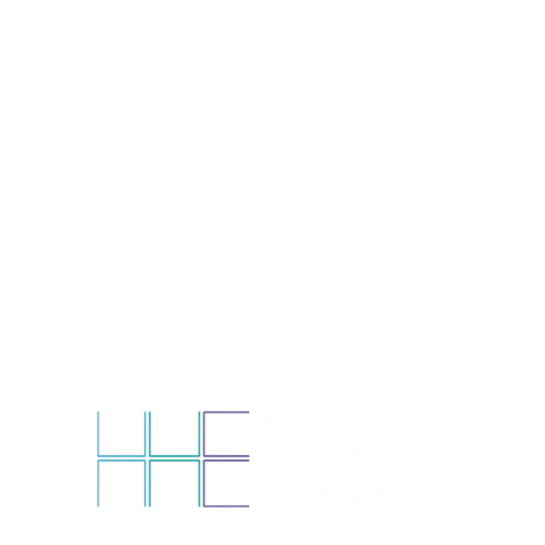 Hunter Housing Economics logo with blue and green stylized HHE letters and white text on black background.