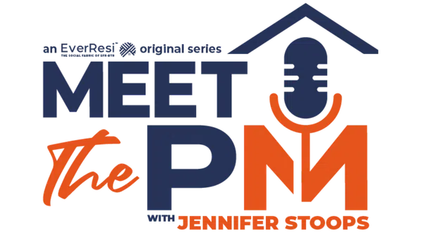 Logo for Meet The PM podcast with a microphone and house roof graphic, featuring Jennifer Stoops.