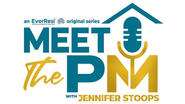 Meet the PM podcast logo with a microphone icon and text featuring Jennifer Stoops in blue and gold colors.