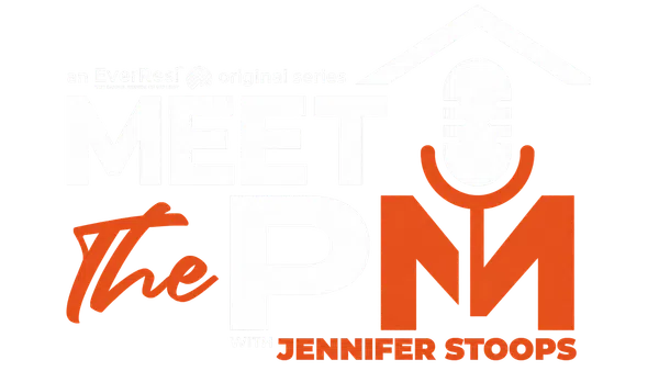 Meet The PM podcast logo featuring a microphone and house outline with Jennifer Stoops name in orange and white.