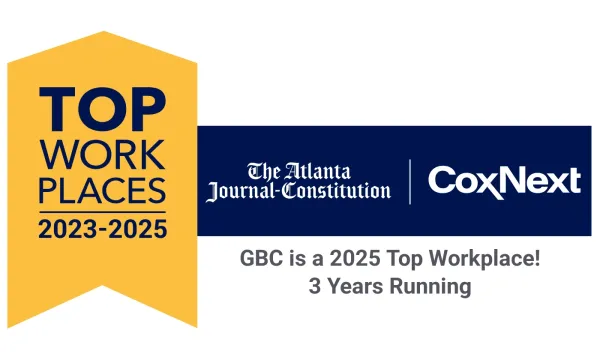 Top Workplaces 2023-2025 award banner by The Atlanta Journal-Constitution and CoxNext for GBC three years running