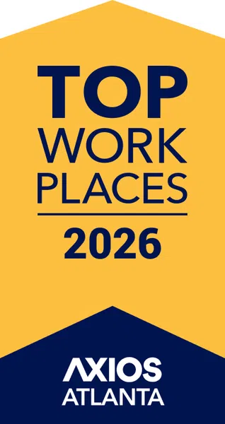 Badge with text Top Workplaces 2026 and Axios Atlanta logo in yellow and navy colors.