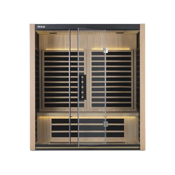 Modern infrared sauna with glass door, wooden interior, and warm interior LED lighting, overhead view.