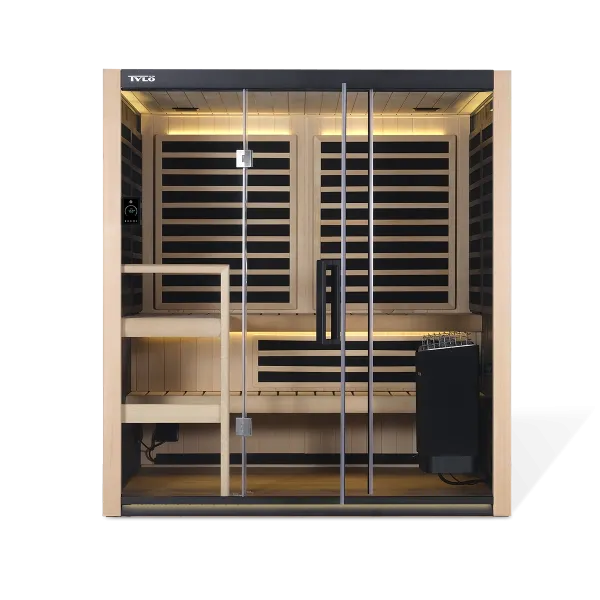 Modern wooden infrared sauna with glass door, black heater, and warm ambient lighting inside.