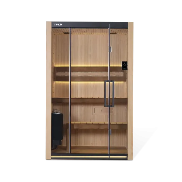 Modern wooden sauna with glass door, digital control panel, and built-in LED lighting inside.